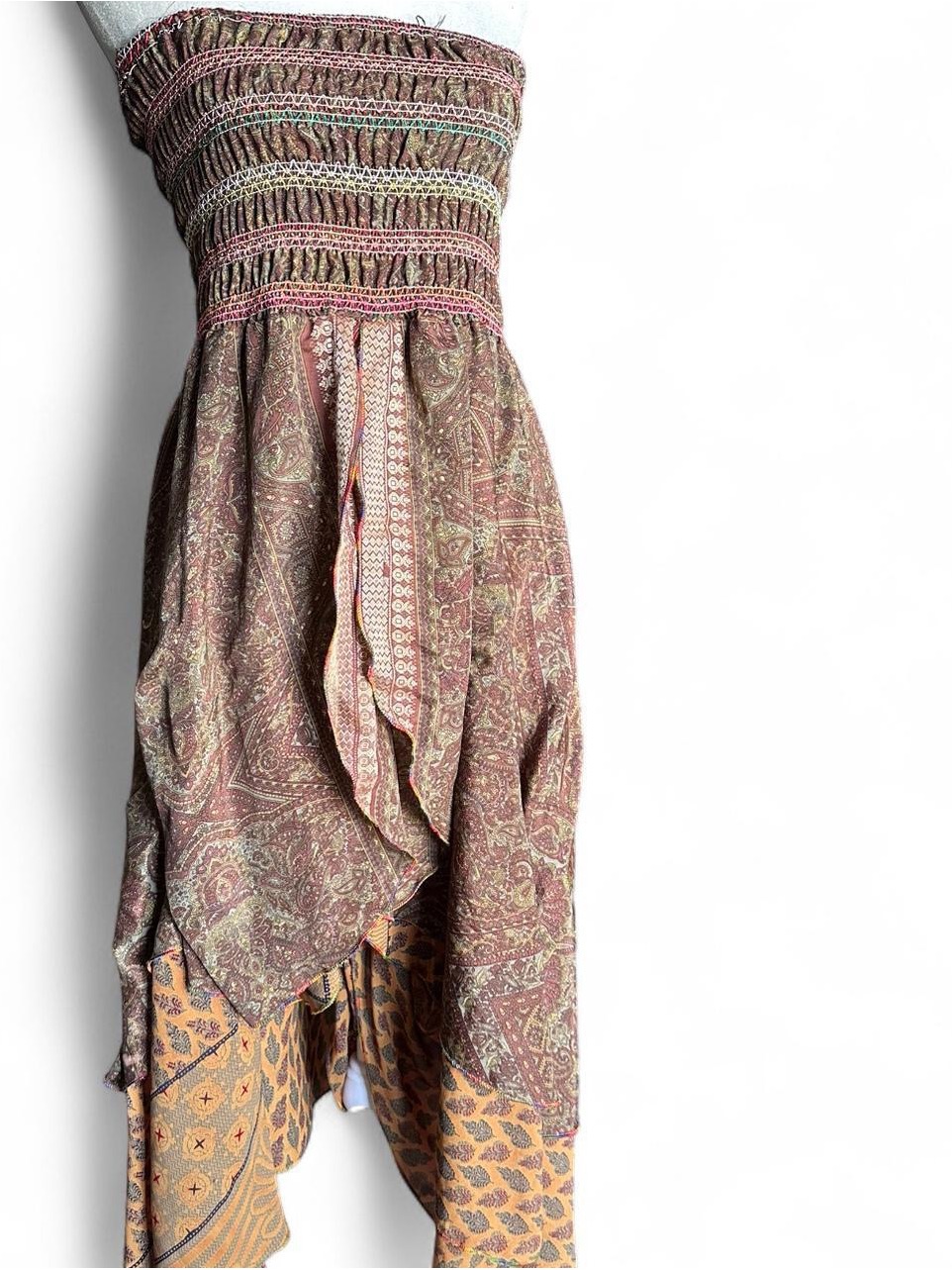 Silk Boho Strapless Smocked Midi Dress In Mauve Paisley